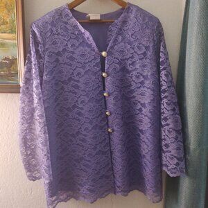 Lady Blair lavender button up blazer with pearl and gold embellished buttons